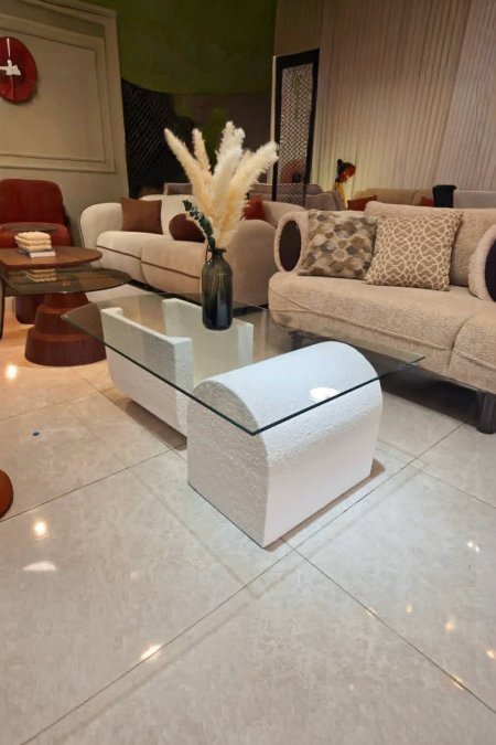 ⚪ طاولة زجاجية بقاعدتين نصف أسطوانيتين